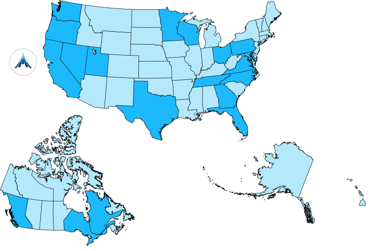 A map of Canada, and the United States (including Alaska) with areas highlighted showing where members of the Ascendant team work